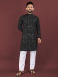 FANCY VISCOSE SILK EMBROIDERY SEQUENCE WORK MEN'S KURTA PAYJAMA BLACK