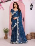 LATEST CHIFFON SILK EMBROIDERY WITH PIPING BORDER WORK SAREE WITH UNSTITCHED BLOUSE BLUE