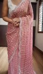 LATEST SPACE SILK BEADS AND SEQUENCE EMBROIDERY WORK SAREE WITH UNSTITCHED BLOUSE PINK