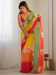 MODERN GEORGETTE EMBROIDERY WORK SAREE WITH UNSTITCHED BLOUSE GREEN ,YELLOW AND RANI