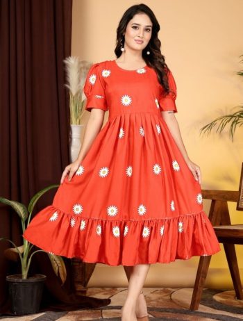 MODERN RAYON SLUB PRINTED WORK ONE PIECE ORANGE