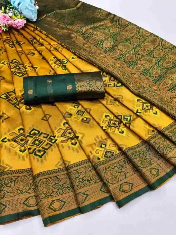 NEW ARRIVAL BANARASI SILK FLOWERS AND MINA WITH ZARI WEAVING BORDER WORK SAREE WITH UNSTITCHED BLOUSE YELLOW