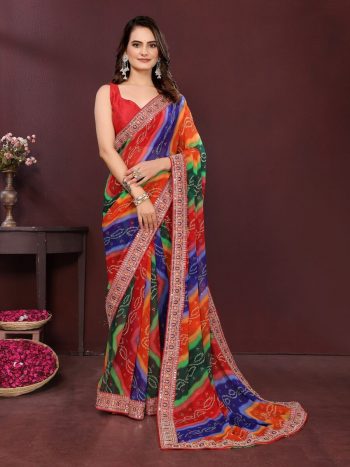 NEW ARRIVAL GEORGETTE DIGITAL PRINT WITH EMBROIDERY WORK BORDER WORK SAREE WITH UNSTITCHED BLOUSE  MULTI