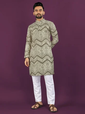 NEW ARRIVAL RAYON LAHERIYA DIGITAL PRINT AND CROCHET EMBROIDERY WORK MEN'S KURTA PAYJAMA MEHNDI