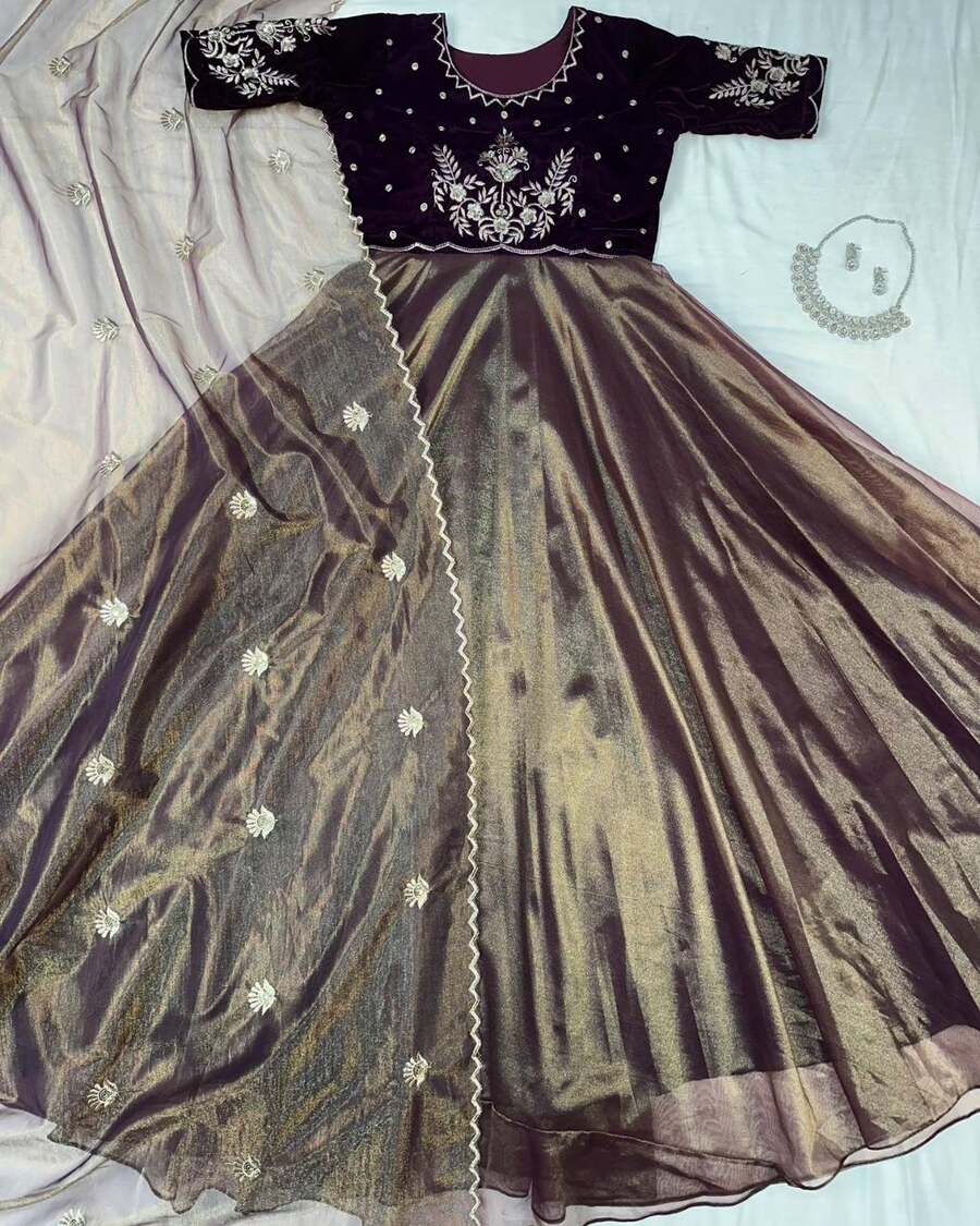 2NEW ARRIVAL VELVET WITH TISSUE NET EMBROIDERY WORK GOWN WITH DUPATTA FESTIVE WEAR WHOLESALE PRICE ETHNIC GARMENT (32)