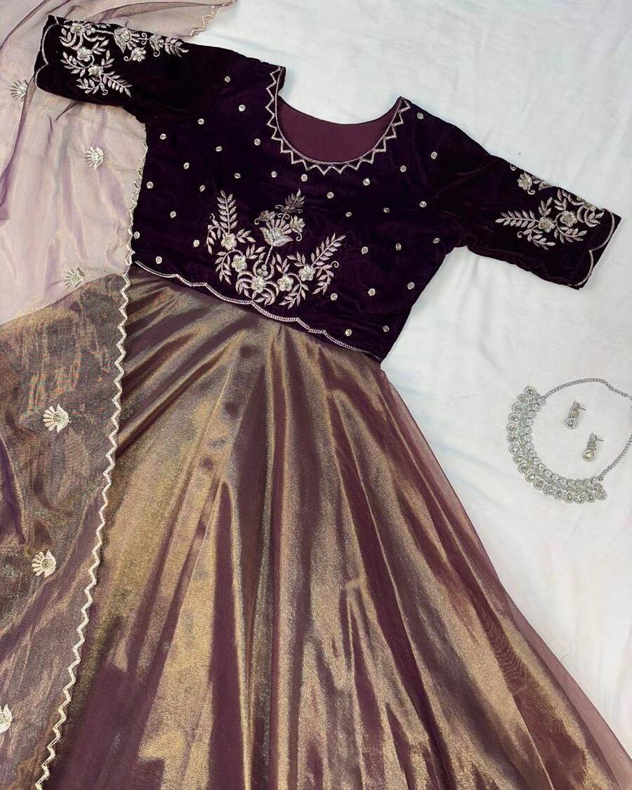 2NEW ARRIVAL VELVET WITH TISSUE NET EMBROIDERY WORK GOWN WITH DUPATTA FESTIVE WEAR WHOLESALE PRICE ETHNIC GARMENT (33)