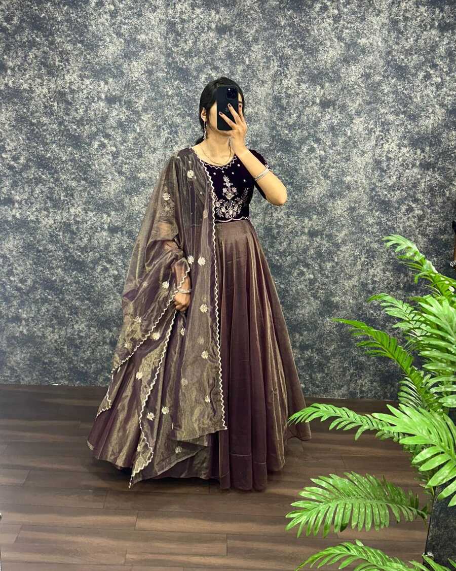 2NEW ARRIVAL VELVET WITH TISSUE NET EMBROIDERY WORK GOWN WITH DUPATTA FESTIVE WEAR WHOLESALE PRICE ETHNIC GARMENT (34)