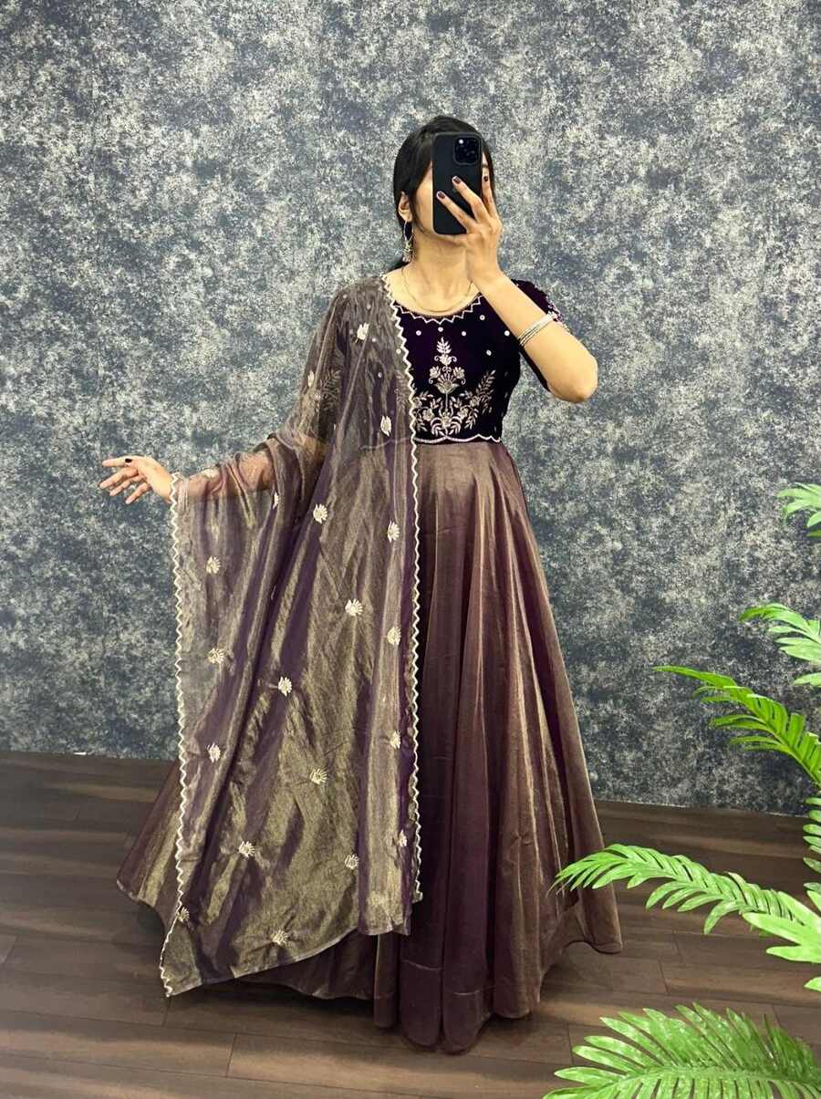 2NEW ARRIVAL VELVET WITH TISSUE NET EMBROIDERY WORK GOWN WITH DUPATTA FESTIVE WEAR WHOLESALE PRICE ETHNIC GARMENT (35)