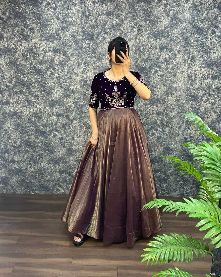 2NEW ARRIVAL VELVET WITH TISSUE NET EMBROIDERY WORK GOWN WITH DUPATTA FESTIVE WEAR WHOLESALE PRICE ETHNIC GARMENT (38)