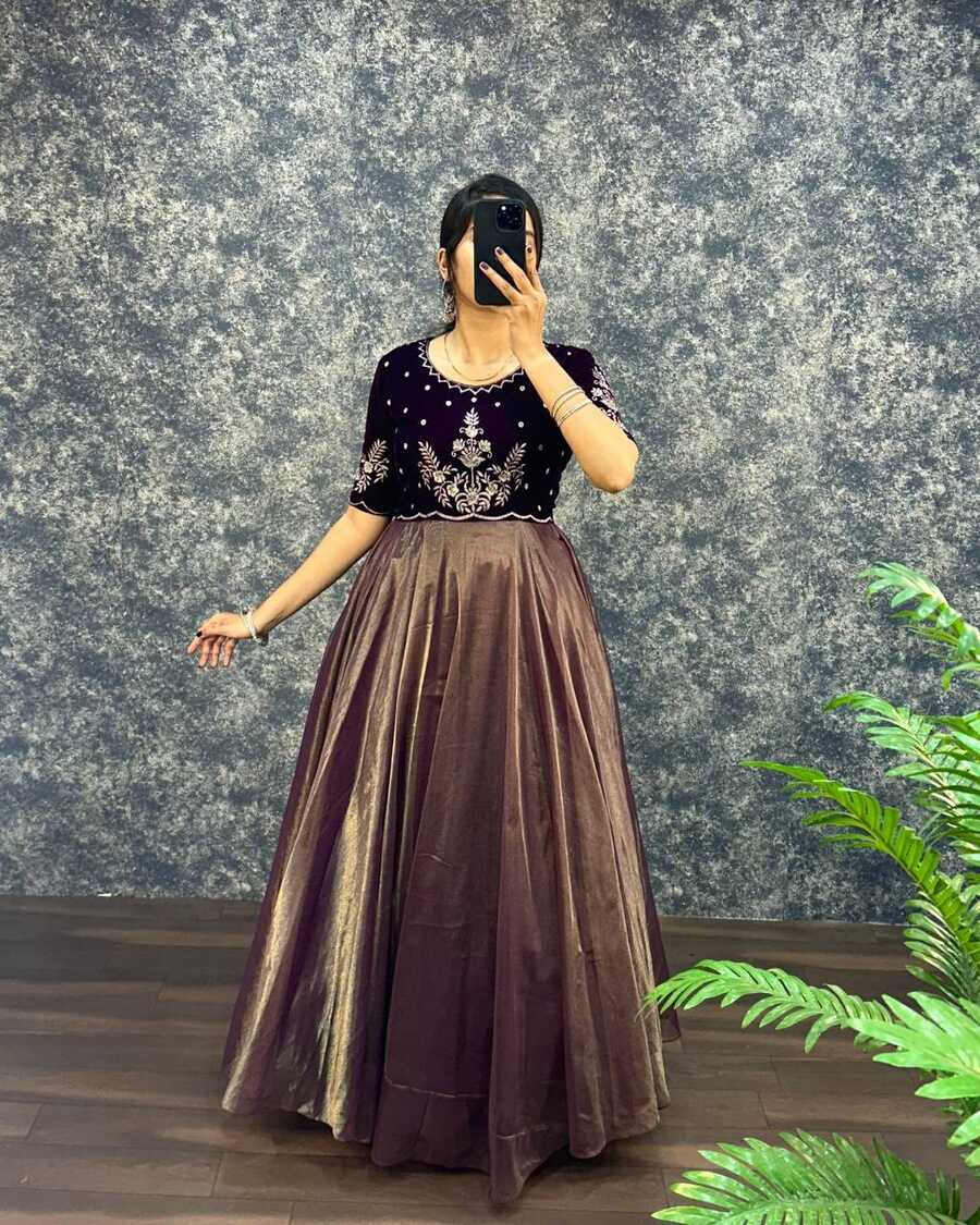 2NEW ARRIVAL VELVET WITH TISSUE NET EMBROIDERY WORK GOWN WITH DUPATTA FESTIVE WEAR WHOLESALE PRICE ETHNIC GARMENT (39)