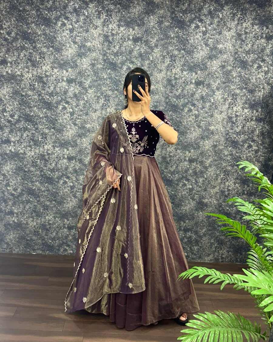 2NEW ARRIVAL VELVET WITH TISSUE NET EMBROIDERY WORK GOWN WITH DUPATTA FESTIVE WEAR WHOLESALE PRICE ETHNIC GARMENT (40)