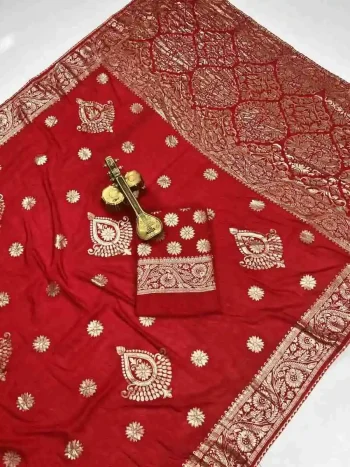 RICH LOOK DOLA SILK ZARI AND WEAVING WITH PIPING LACE BORDER WORK SAREE WITH UNSTITCHED BLOUSE RED