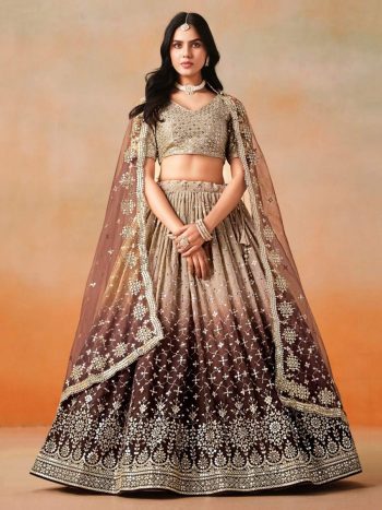 RICH LOOK GEORGETTE DIGITAL PRINT WITH HEAVY EMBROIDERY SEQUNCE WORK LEHENGA CHOLI WITH DUPATTA BROWN