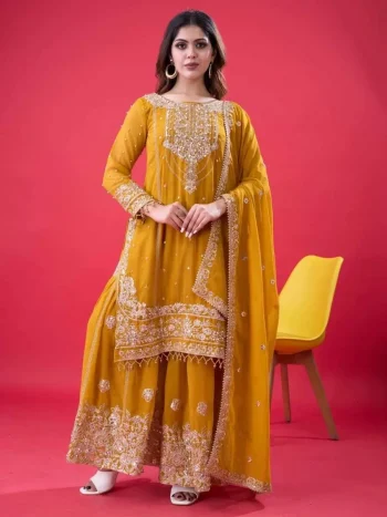 RICH LOOK GEORGETTE EMBROIDERY CODING DORI-SEQUENCE WORK WITH RIVET MOTI WORK TOP SHARARA WITH DUPATTA YELLOW