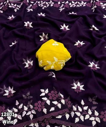 RICH LOOK GEORGETTE EMBROIDERY WORK BUTTA AND SCALLOPED BORDER WORK SAREE WITH UNSTITCHED BLOUSE PURPLE