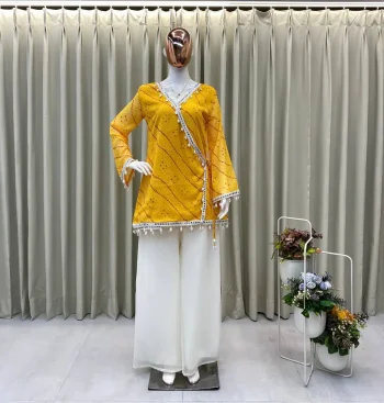 RICH LOOK GEORGETTE PRINTED WITH KODI LACE WORK KURTI PALAZZO SET YELLOW