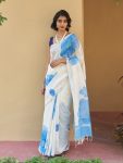 RICH LOOK LINEN COTTON DIGITAL PRINTED SAREE WITH UNSTITCHED BLOUSE BLUE