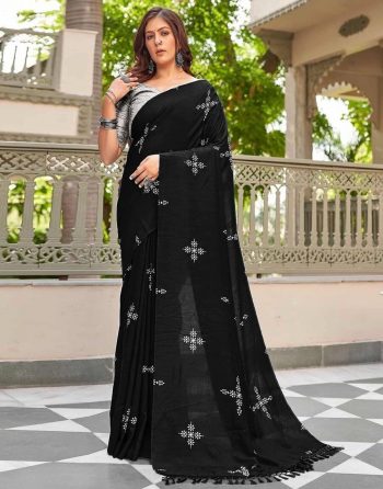 RICH LOOK MUSLIN COTTON SILK DIGITAL PRINT WORK SAREE WITH UNSTITCHED BLOUSE BLACK