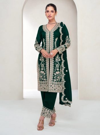 DESIGNER CHINON SILK EMBROIDERY CODING SEQUENCE WORK TOP BOTTOM WITH DUPATTA GREEN