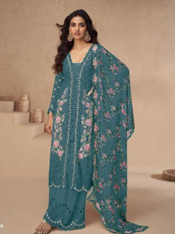 DESIGNER AIRTEX CHINON EMBROIDERY SEQUENCE WORK WITH MIRROR AND DIAMOND WORK TOP PALAZZO WITH DUPATTA RAMA