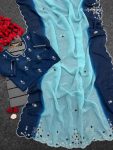 DESIGNER CRUNCHY CHIFFON BEADS AND MOTI HANDWORK WITH TREAD HAND WORK AND BUTTI WORK SAREE WITH UNSTITCHED BLOUSE SKY AND BLUE