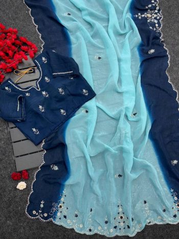 DESIGNER CRUNCHY CHIFFON BEADS AND MOTI HANDWORK WITH TREAD HAND WORK AND BUTTI WORK SAREE WITH UNSTITCHED BLOUSE SKY AND BLUE