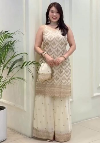 DESIGNER GEORGETTE EMBROIDERY SEQUENCE WORK WITH FANCY LATKAN WORK TOP PALAZZO WITH DUPATTA WHITE