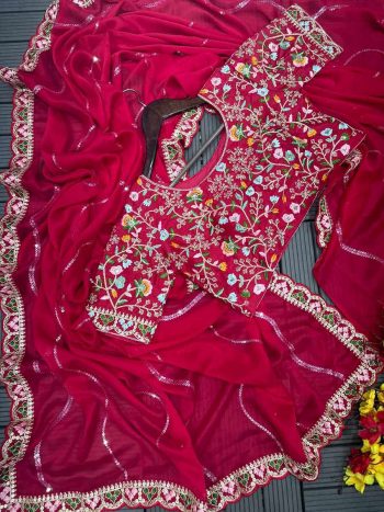 DESIGNER RANGOLI SILK EMBROIDERY SEQUENCE WITH MULTI THREAD WORK AND CUT WORK BORDER SAREE WITH STITCHED BLOUSE RANI