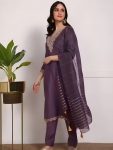 DESIGNER SLUB COTTON EMBROIDERY WORK TOP BOTTOM WITH DUPATTA PURPLE