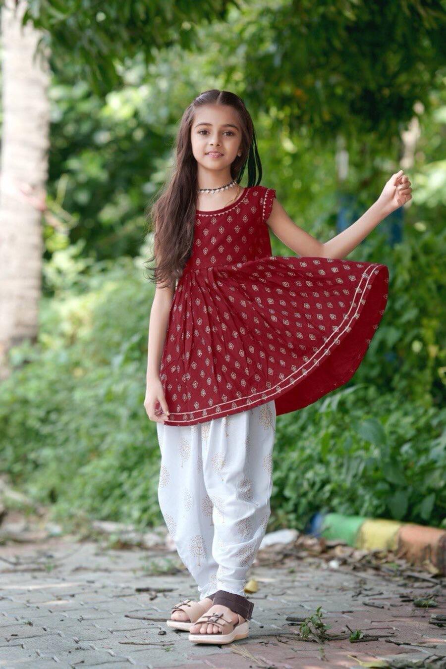 3FANCY 14KG RAYON FOIL PRINT AND LACE WORK KID'S TOP AND DHOTI SET FESTIVE WEAR WHOLESALE PRICE ETHNIC GARMENT(33)