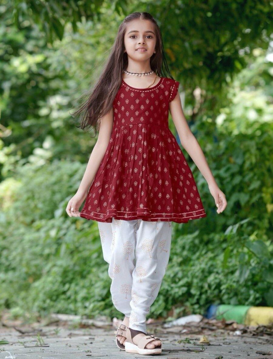 3FANCY 14KG RAYON FOIL PRINT AND LACE WORK KID'S TOP AND DHOTI SET FESTIVE WEAR WHOLESALE PRICE ETHNIC GARMENT(35)