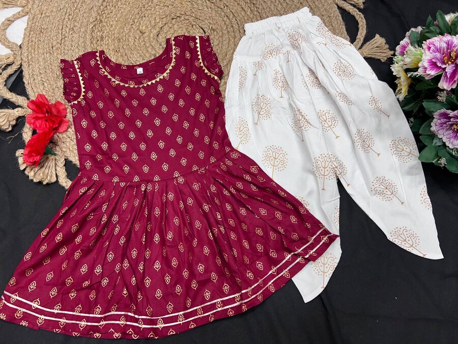 3FANCY 14KG RAYON FOIL PRINT AND LACE WORK KID'S TOP AND DHOTI SET FESTIVE WEAR WHOLESALE PRICE ETHNIC GARMENT(36)