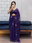 FANCY GEORGETTE HANDPAINT FLOWER PRINT PANEL WORK WITH CUT DANA HANDWORK SAREE WITH UNSTITCHED BLOUSE PURPLE