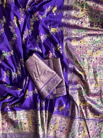 FANCY KADI CREEP GEORGETTE MEENAKARI JACQUARD WEAVING WITH HAND DYING SAREE WITH UNSTITCHED BLOUSE PURPLE