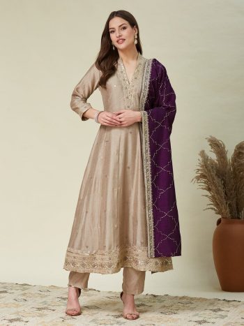 FANCY VICHITRA SILK EMBROIDERY WORK TOP BOTTOM WITH DUPATTA CREAM