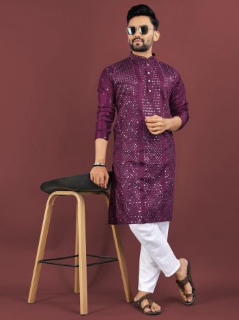 FANCY VISCOSE SILK EMBROIDERY SEQUENCE WORK MEN'S KURTA PAYJAMA WINE
