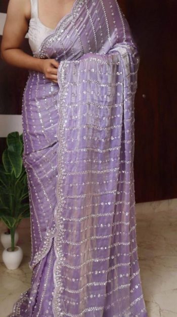 LATEST SPACE SILK BEADS AND SEQUENCE EMBROIDERY WORK SAREE WITH UNSTITCHED BLOUSE LAVENDER