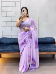MODERN GEORGETTE HANDPAINT FLOWER PRINT PANEL WORK WITH CUT DANA HANDWORK SAREE WITH UNSTITCHED BLOUSE LAVENDER