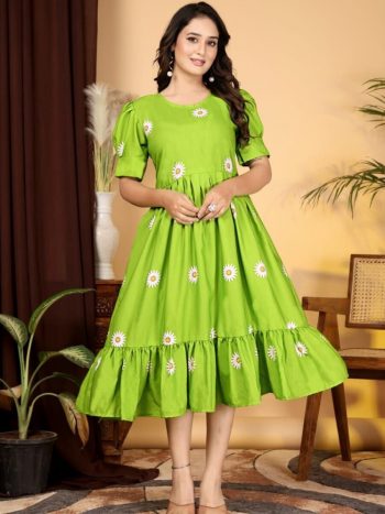 MODERN RAYON SLUB PRINTED WORK ONE PIECE PARROT GREEN