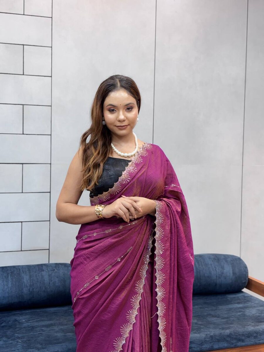 3NEW ARRIVAL CHOCOLATE NC DAIMOND WORK WITH CUT WORK AND HAND WORK SAREE WITH UNSTITCHED BLOUSE PARTY WEAR WHOLESALE PRICE ETHNIC GARMENT (36)