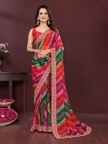 NEW ARRIVAL GEORGETTE DIGITAL PRINT WITH EMBROIDERY WORK BORDER WORK SAREE WITH UNSTITCHED BLOUSE  MULTI