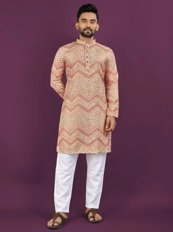 NEW ARRIVAL RAYON LAHERIYA DIGITAL PRINT AND CROCHET EMBROIDERY WORK MEN'S KURTA PAYJAMA PEACH