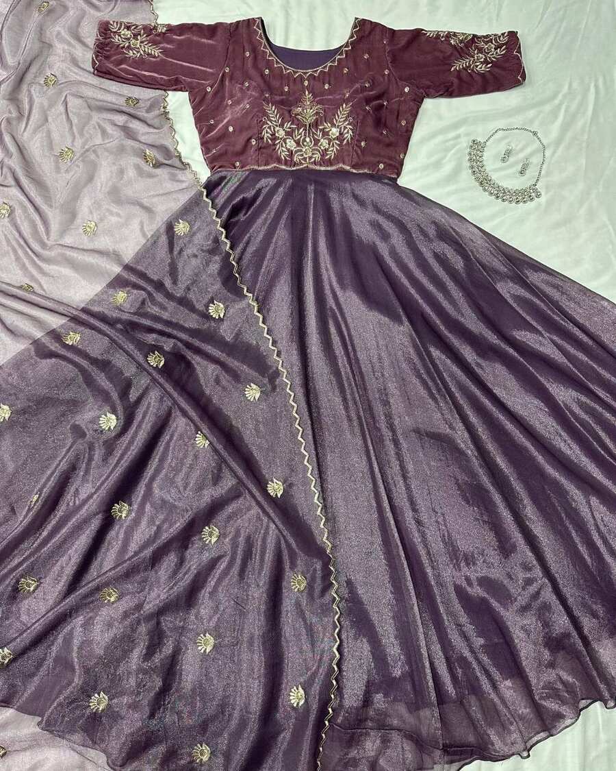 3NEW ARRIVAL VELVET WITH TISSUE NET EMBROIDERY WORK GOWN WITH DUPATTA FESTIVE WEAR WHOLESALE PRICE ETHNIC GARMENT (33)