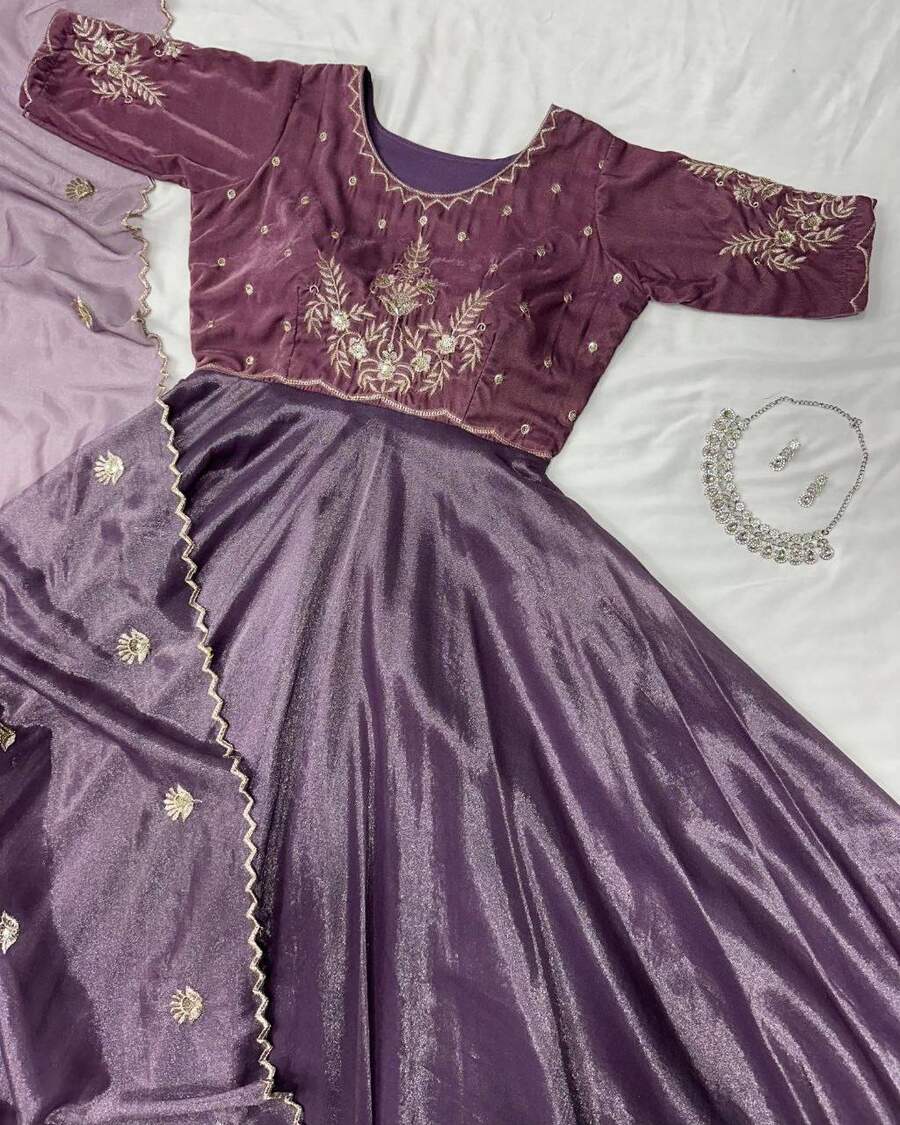 3NEW ARRIVAL VELVET WITH TISSUE NET EMBROIDERY WORK GOWN WITH DUPATTA FESTIVE WEAR WHOLESALE PRICE ETHNIC GARMENT (34)