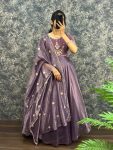 NEW ARRIVAL VELVET WITH TISSUE NET EMBROIDERY WORK GOWN WITH DUPATTA LAVENDER