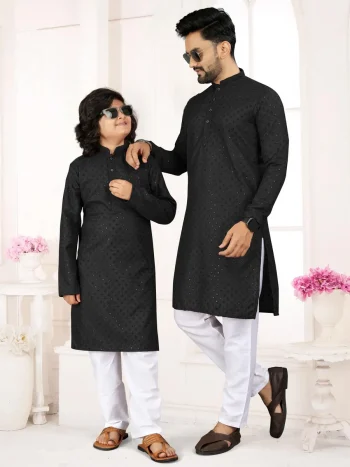 RICH LOOK COTTON RAYON MACHINE EMBROIDERY WORK FATHER SON COMBO SET BLACK