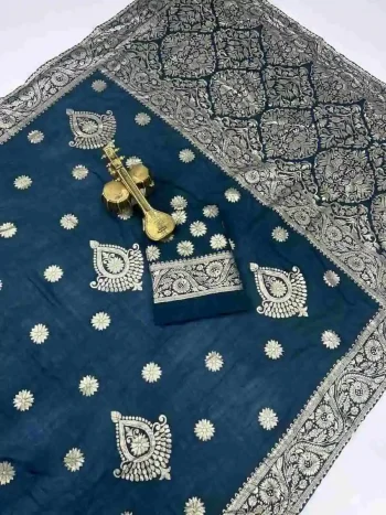 RICH LOOK DOLA SILK ZARI AND WEAVING WITH PIPING LACE BORDER WORK SAREE WITH UNSTITCHED BLOUSE TEAL