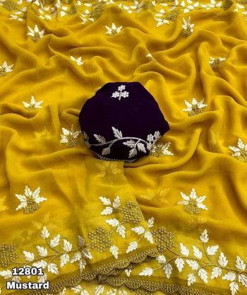 RICH LOOK GEORGETTE EMBROIDERY WORK BUTTA AND SCALLOPED BORDER WORK SAREE WITH UNSTITCHED BLOUSE MUTARD