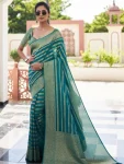 RICH LOOK LICHI SILK JACQUARD WORK SAREE WITH UNSTITCHED BLOUSE GREEN
