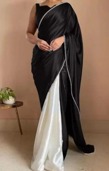 RICH LOOK SATIN PEARL LACE BORDER WORK SAREE WITH UNSTITCHED BLOUSE BLACK